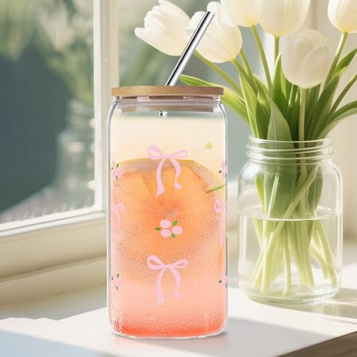 MoguGo Bicchiere con coperchio e cannuccia da 16 oz – Bicchiere con Bow & Floreale – Tazza in vetro riutilizzabile per caffè, tè, frullato – dolce regalo per donne e ragazze