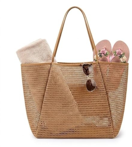 LELEKALE Große Strandtasche DamenNetztasche Strand Mit Reißverschluss Innentasche Beach Tote Bags Large Foldable Mesh Swimming Pool Travel Strand Familie Shopper Reise Bags