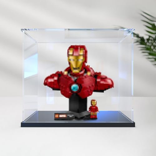 Acrylic Display Case Compatible with 76327 Lego Iron Man MK4 Bust Model - Clear Dustproof Storage Box (Model Not Included) (Black-Basic)