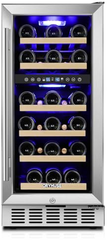 15 Inch Wine Cooler Under Counter, 30 Bottle Dual Zone Wine Fridge with Stainless Steel Glass Door, Built-In or Freestanding Wine Cellar with Digital Temperature Control for Home, Kitchen, or Office