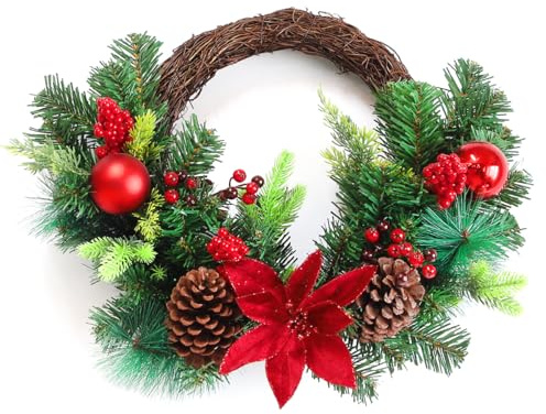 Weihnachtskranz, 40 cm, künstliche Weihnachtsdekoration,Türkranz Weihnachten,Weihnachtskranz Haustür,Kugeln, Beeren & Schleifen, weihnachtstürkranz, Weihnachten Dekor
