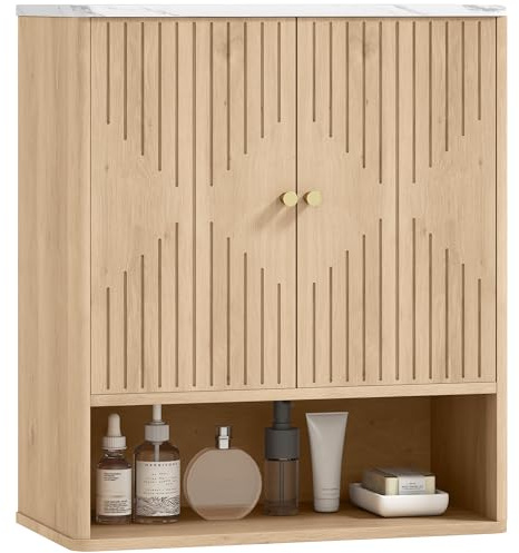 HOMCOM Armadietto Bagno a Parete, Mobile da Bagno Pensile con Ripiano Aperto e Ante Decorate, Piano Effetto Marmo, 60x18x70 cm, Rovere