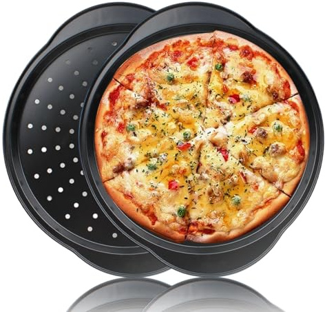 RUILILANG 2 Pcs 14 Inch Pizza Trays for Oven Non Stick Pizza Pan with Perforated Holesand and Handle,Carbon Steel Pizza Oven Trays for Cooking, Baking, Dishwasher Safe