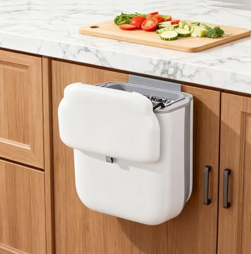 Esyhomi Küchenmülleimer mit Deckel, 10L Mülleimer Hängend für Küche, Faltbare Mülleimer mit Deckel, Kompostbehälter, Hängende Abfallsammler, für Küche, Camping, Wohnmobil