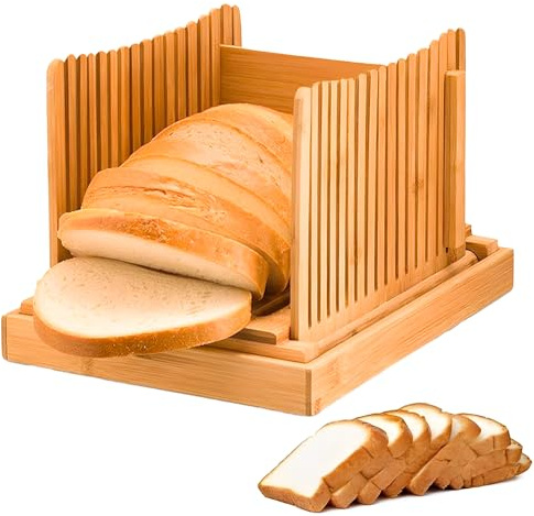 SQAQS Bamboo Bread Slicer, Foldable and Collapsible for Storage, Foldable Board Loaf Slicer with Crumb Tray, Idea for Cakes, Sourdough Bread & Bagels, Crumb Catcher Tray for Homemade Bread, Loaf Cakes