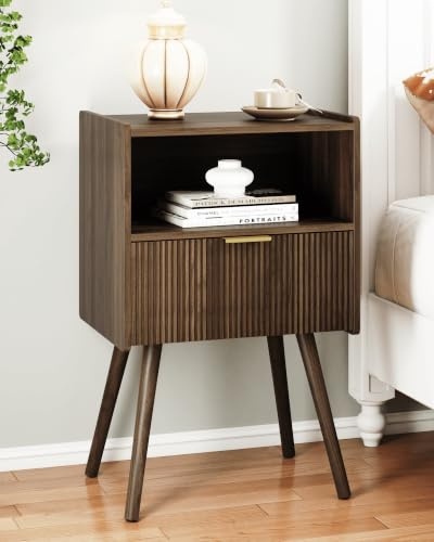 JERX Modern Bedside Table with Storage Drawer and Open Wood Shelf Nightstand for Living Room, Bedroom and Small Spaces, Accent Side Table with Solid Wood Legs, Easy Assembly Walnut Brown