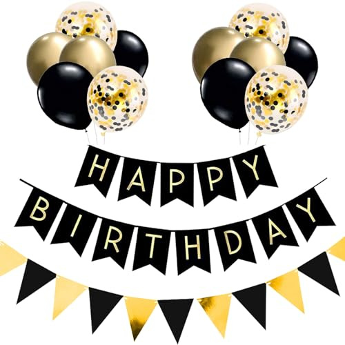 Luftballons Geburtstag Dekoration Set, Schwarz Gold Geburtstagsdeko Set mit Luftballons Konfetti Ballons Dreiecksflaggen Girlanden(BK+GD+SJQ)