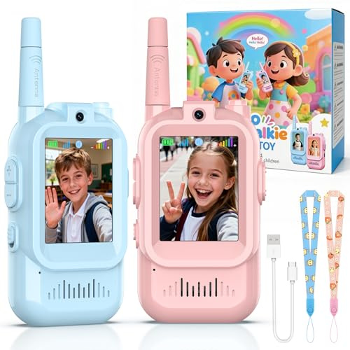 Video walkie talkie bambini, 2 PC Walkie Talkies ricaricabili con fotocamera e cambiatore di voce, Lungo Raggio Walkie Talkies giocattoli all'aperto per bambini