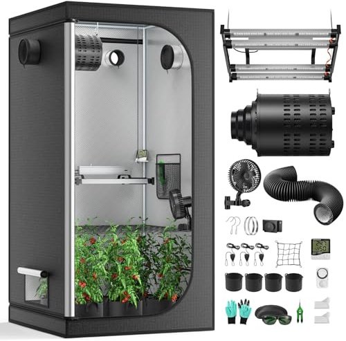 Growzelt Komplettset 100x100x200cm, 240W LED Vollspektrum, Lüftungsset | 17cm automatischer Belüftungssatz mit Kohlefilter, integrierter Controller & Thermometer, Hydroponics Grow Zelt