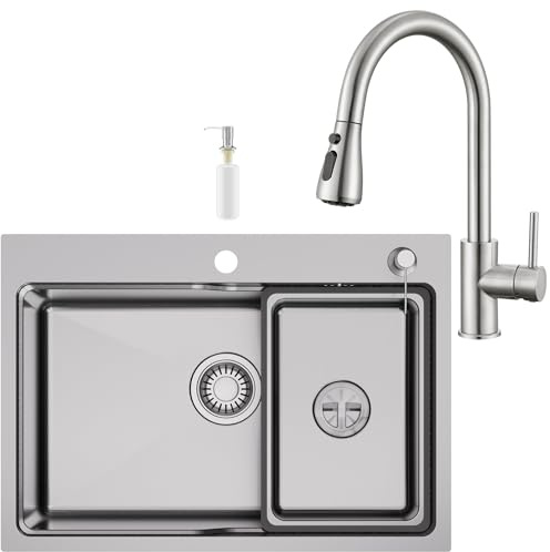 CECIPA Fregadero cocina acero inoxidable 68x48cm grifo cocina extraíble SET | fregadero cocina para encimeras a partir de 80 cm, con sifón, desbordamiento y desagüe, con orificio para grifo Cepillado