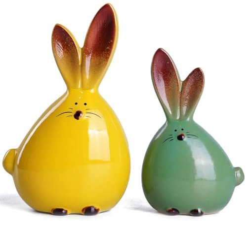 Generisch Osterhase Figuren Set aus Keramik, Gelb und Grün, 2 Stück, Frühlingsdeko Tischdeko, 15cm und 12cm