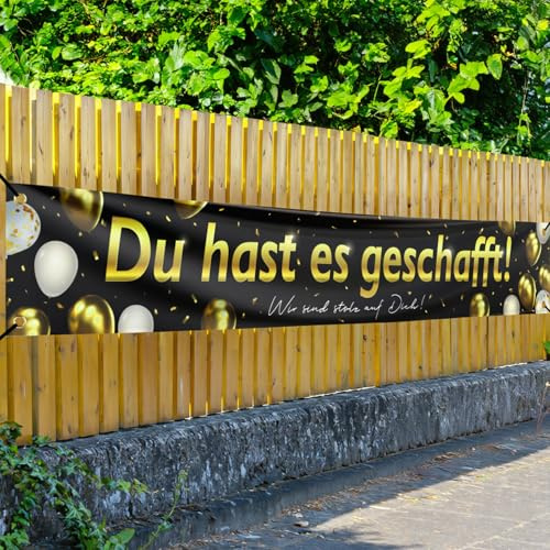 COMOOKA Du hast es geschafft Banner Abschluss Deko Schwarz Gold | Graduation Banner 250x40cm, Bestandene Prüfung Geschenk, Graduation Deko für Abitur, Bachelor & Master Abschluss