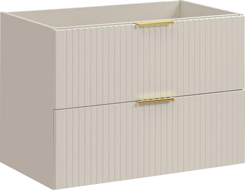 WFL GROUP Waschbeckenunterschrank 80 cm Wandhängend mit Rillenfronten – Soft-Close Schubladen und 3 Griffsets in Gold, Chrom & Schwarz – Geriffelter Waschtischunterschrank in Kaschmir Matt