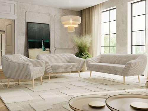 MKS MEBLE Sofagarnitur PIRS 3 + 2 + 1 - Couchgarnitur im skandinavischen Design, Gesteppte Polsterung, Wellenfederung, Wohnzimmer Sofa Set - Buche Beine, Beige Cord
