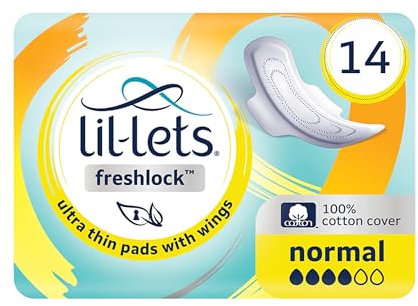 Lil-Lets Freshlock™ Ultra Thin Period Pads - 14 Count (1 Pack), Normal Absorbency, with Wings, Unscented, 100% Cotton Cover, Regular Absorbency Sanitary Towels