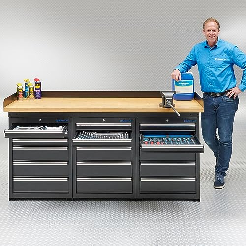 Datona Werkbank PRO 200 cm Schwarz mit Bambus Arbeitsplatte 18 Schubladen 3 Werkzeugschränken seitlichen Lochwänden aufstehenden Rändern und viel Stauraum