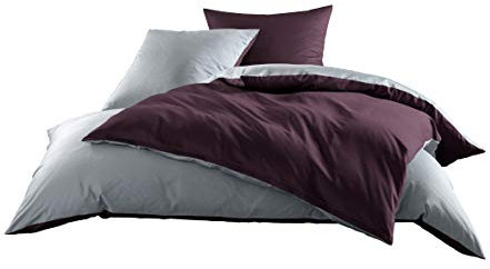 Mako Satin Baumwollsatin Wende Bettwäsche Garnitur - viele Farben und Größen (grau - brombeer, 1x 240x220 + 2X 80x80 cm)