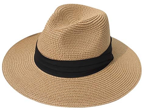 DRESHOW Damen Panama Hut Fedora Strand Sonnenhut Breiter Rand Stroh Aufrollen Hut UPF 50+