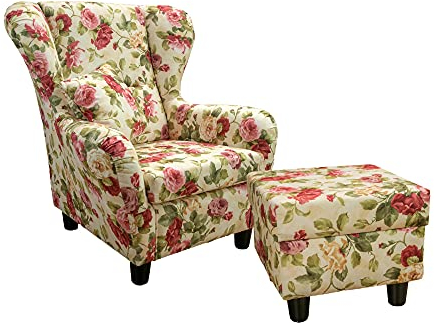 lifestyle4living Ohrensessel mit Hocker mit Webstoff Blumenmuster bezogen | Der perfekte Polstersessel für entspannte, Lange Fernseh- und Leseabende.