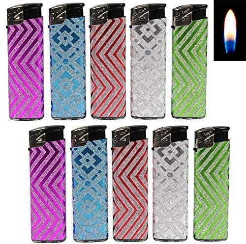 SEPILO Feuerzeug Glitter Piezo Soft Flamme sehr schöne Optik mit echten hervorgehobenen Glittermustern (10 Feuerzeuge (2X