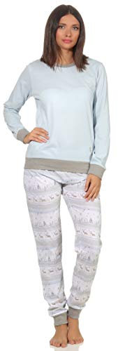NORMANN-Wäschefabrik Damen Pyjama Schlafanzug mit Renntiermotiv Langarm mit oder ohne Bündchen Weihnachtsmotiv, Farbe:hellblau, Größe2:48/50