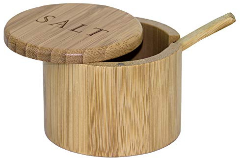 Totally Bamboo Caja de sal, caja de almacenamiento de bambú con tapa giratoria magnética, sal grabada en la tapa con cuchara de bambú