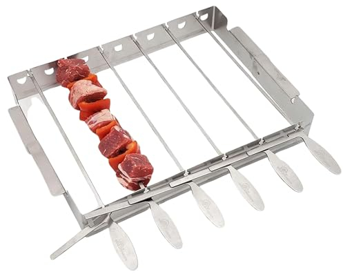 BBQ Dragon Pinchos de barbacoa de acero inoxidable, estante plegable con palos de metal de 14 pulgadas para carne, verduras y mariscos, juego de brochetas para asar al aire libre, apto para