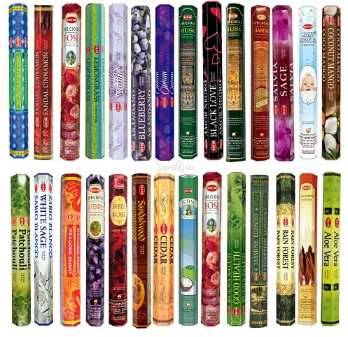 HEM Incense Sticks - 24 unique and premium flavours with SAMASIA incense holder for Aromatherapy, Incense Spa, Yoga, Meditation, Healing, Spirituality and Relaxation…