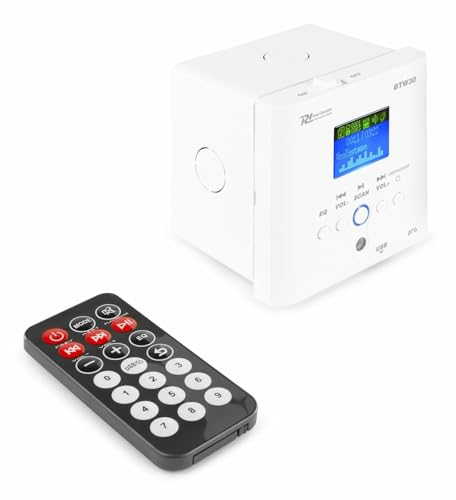Power Dynamics Bluetooth Wall Amplifier BTW30, 2x15W Stereo Audio System with Wireless Streaming, USB MP3 Player, FM Radio, LCD Display Panel & Remote Control for Home & Commercial Use (White)