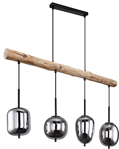 Hängelampe Holzlampe 4 flammig Glasschirm rauchfarben Pendelleuchte Hängeleuchte Wohnzimmerlampe, Metall Glas, schwarz natur, 4x E14 Fassungen, LxBxH 100x18,5x130 cm