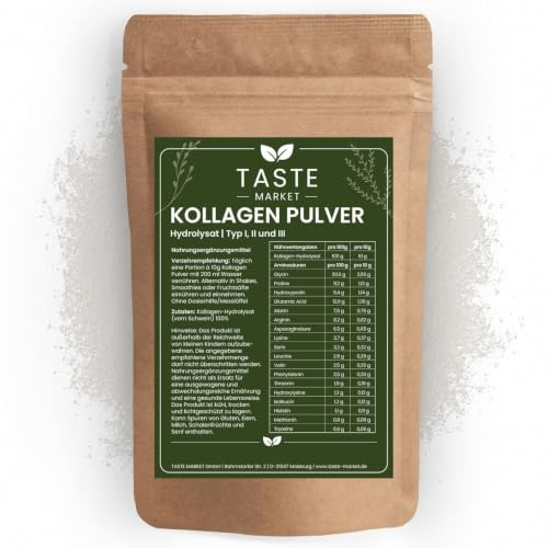 Taste Market Kollagen Pulver 10 kg Collagen Hydrolysat Typ 1,2,3 | Ohne Zusätze - Peptide Typ 1, 2, 3 - geschmacksneutral - Kollagenhydrolysat - Einfach in Getränke aufzulösen