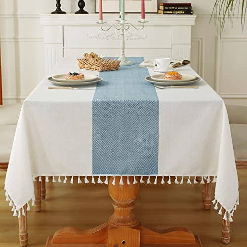 Laolitou Tischdecke für Esstisch, rustikale Bauernhaus-Küchentische, Couchtischbezug, Baumwoll-Leinen-Stoff, klein, rechteckig, beige, blau gestreift, 140 x 308 cm
