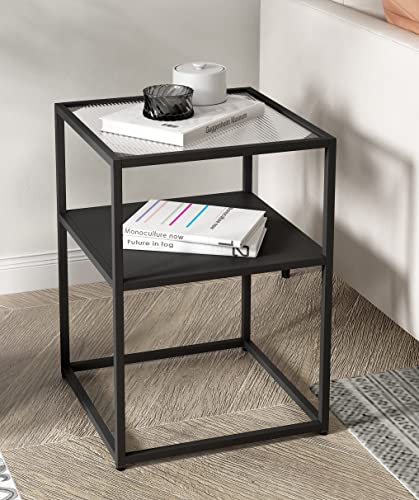 Hallowood Furniture Bewdley Small Side Table, Glass Top Black Coffee Table with Shelf, Lamp or Bedside Tables, Black Metal and Glass Side Tables for Living Rooms, Hallways and Bedroom