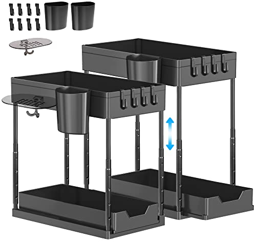 Eufrozy 2 Pack Unter Waschbecken Regal, 2 Etagen Spülschrank Organizer Höhenverstellbar mit 8 Haken 2 Tasse 1 Seifenkiste, Under Sink Organizer mit Schiebeschublade Ideal für Küche und Badezimmer