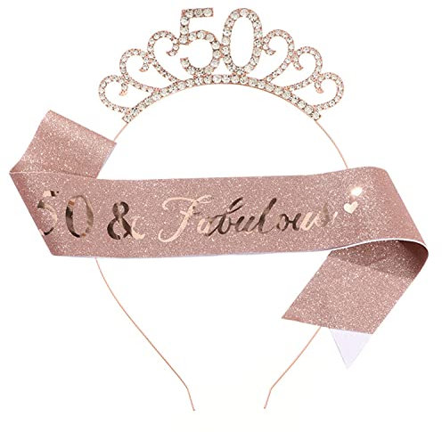 CHTENG Roségold Happy Birthday Schärpe und Tiara Strass Krone Stirnband für Geburtstag Party Supplies (50.)