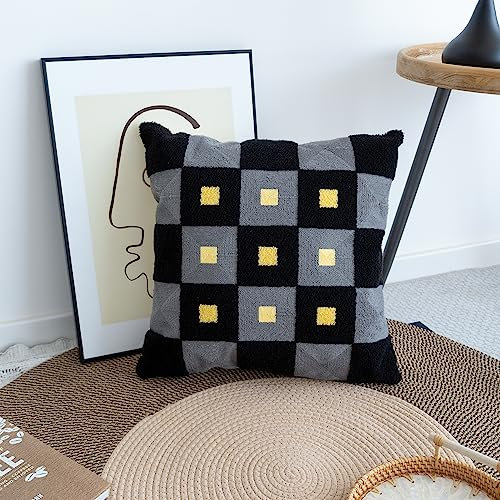 VANNCIO Moderner Kissenbezug im Boho-Stil, flauschig, weich, dekoratives Schachbrett-Muster, Kissenbezug für Zuhause, Stuhl, Sofa, Couch, Schlafzimmer, Wohnzimmer, Schwarz,Gold)