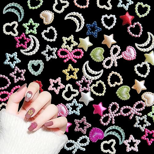 3D Pearl Nail Charms,400 Pcs Colorful Pearls Nail Art Charms Love Heart Moon Star Bow Nail Art Decorations Nail Gems Accessories for Nail Design DIY Jewellery Making (Multi-colored C)
