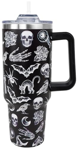 Fnokuxz Goth Tumbler 40 Oz, Goth Gifts for Women, Halloween Gothic Coffee Cup Travel Mug Water Bottle, Witchy Gothic Gifts, 40 Oz Tumbler with Handle and Straw