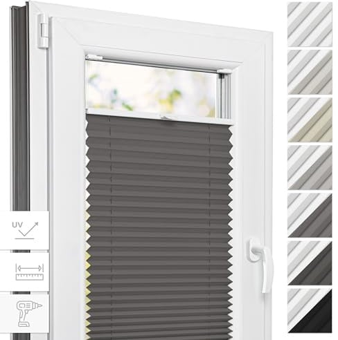 Estika Thermo-Plissee mit Bohren - 50 cm x 120 cm - Farbe: Grau - Plissee Blickdicht, Fensterrollos für innen, Verdunkelungsplissee, Rollos für Fenster