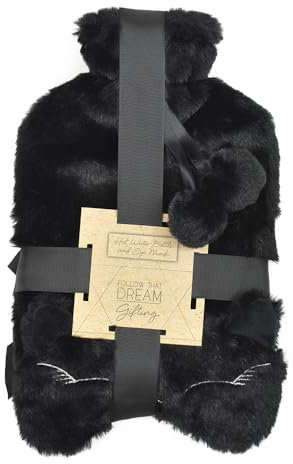 1.5 L Hot Water Bottle Leak Proof Rubber Bag Hot Compress Heating Black Cat Plush Soft Fleece Cover Eye Mask |Body Warmer |Heat or Cold Therapy | for Home|Office|Travling|Xmas Gifting Or Treating