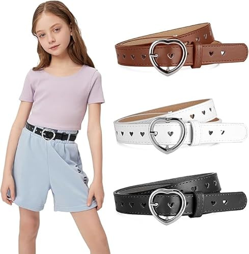 3 Stück Kindergürtel Mädchen, PU Verstellbare Herz Schnalle Taillengürtel, Herz Schnalle Leder Mädchen Gürtel, Kindergürtel für 6-12 Jahre Kinder Hosen Röcke Jacken (Kamelfarbener, Schwarz, Weiß)