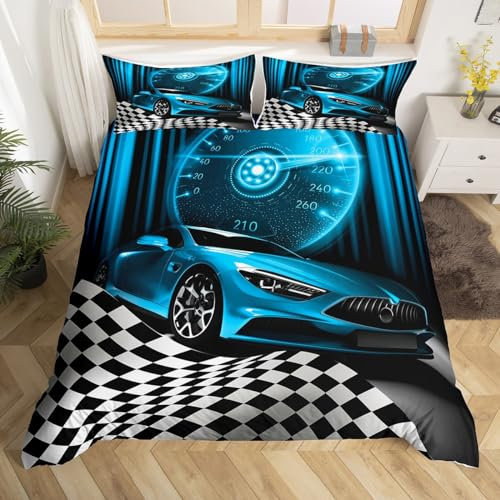 Homewish Teal Race Car Bedding Sets for Boys, Glitter Ombre Line Art Duvet Cover Double Size, Neon Light Sports Car Dashboard Comforter Cover, Black and White Grid Lattice Buffalo Plaid Decor