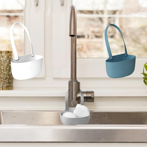 KLYNGTSK 3PCS Kitchen Sink Sponge Holder Silicone Drain Basket for Sponge Sink Caddy Sponge Holder Faucet Sponge Holder Hanging Bag Kitchen Sink Organizer Set for Storing Sponge Dishcloth Drain Soap