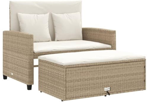 vidaXL Gartensofa mit Kissen 2-Sitzer, Outdoor Sofa mit Hocker mit Staufach, Couch mit abnehmbarm Bezug, Gartebmöbel Gartengarnitur, Beige Poly Rattan