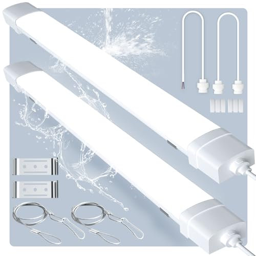 papasbox 2 Stück LED Feuchtraumleuchte 120cm | Leuchtstoffröhre 40W Röhre LED Werkstatt Deckenleuchte Lampe | 6500K Kaltweiß IP65 Wasserdicht Leuchtstofflampe für Keller Werkstatt Garage Küche