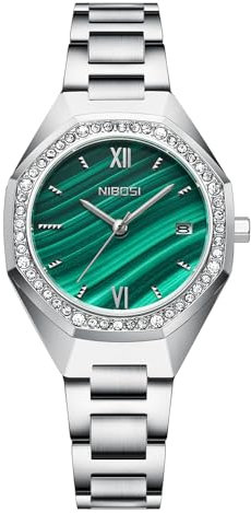 NIBOSI Damen-Armbanduhr Damenuhr Analog grünes Zifferblatt Armbanduhr für Damen luxuriös Diamant Roségold Edelstahl Quadratuhr Mädchen Schmuckarmband