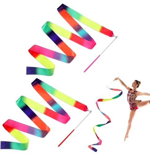 Molain 2 Pcs Dance Ribbons, 78.7 Inch Rainbow Ribbon, Sparkling Dance Ribbon Streamer, Rhythmic Gymnastics Ribbon, Ribbon Dancer Wand for Kids Adults Talent Shows Artistic Dancing Training