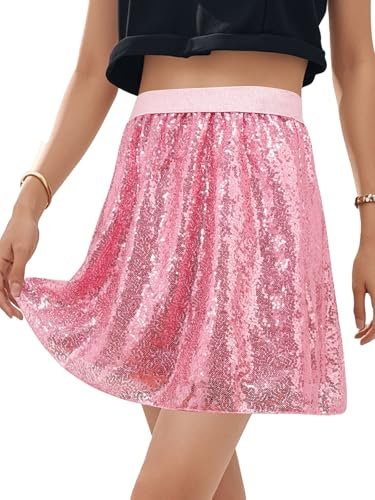 BALAYSIER Pailletten Rock Damen Elastischer Bund Glitzer Rock mit gefüttert Halloween Bühnenkleid(Rosa, S)