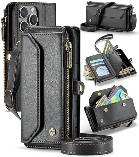 UFinetech Crossbody Wallet Case Hülle für iPhone 16 Pro - RFID-Blockierung, Kabelloses Laden, Stoßschutz, Verstellbarer Gurt, Kartenfächer, PU-Leder, Integrierter Ständer, Schwarz