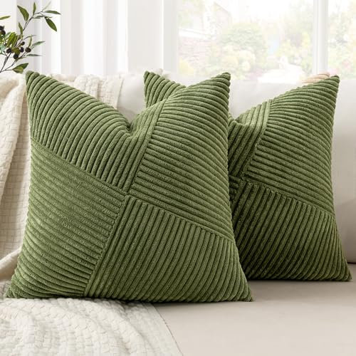 MIULEE Kissenbezug 45x45 Matcha Grün Kordsamt 2er Set Kissenbezüge Zierkissenbezug Kissenhülle Sofakissen Dekokissen Streifen Muster Patchwork Design für Wohnzimmer